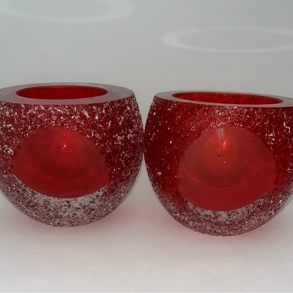 2 Vintage Red Frosted Geode Tea Light Candle Holder Fifth Avenue Crystal Votives - Picture 3 of 4